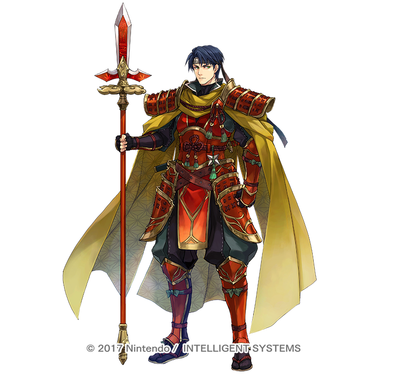 1boy armor black_gloves black_hair cape fingerless_gloves fire_emblem fire_emblem:_radiant_dawn fire_emblem_heroes full_body gloves hagiya_kaoru headband holding holding_polearm holding_weapon japanese_armor japanese_clothes male_focus nintendo official_alternate_costume official_art pelvic_curtain polearm short_hair shoulder_armor solo weapon white_background yellow_cape zelgius_(fire_emblem) zelgius_(ninja)_(fire_emblem)