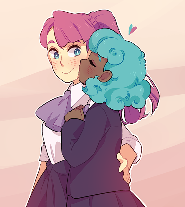2girls blazer unworn_blazer blue_eyes blue_hair blue_jacket kissing_cheek curly_hair dark_skin dark-skinned_female closed_eyes hand_on_another&#039;s_back heart jacket kiss kokoro_aichi ladugard looking_at_another multiple_girls pink_hair ponytail purple_neckwear school_uniform shirt sleepless_domain smile undine_wells white_background white_shirt yuri