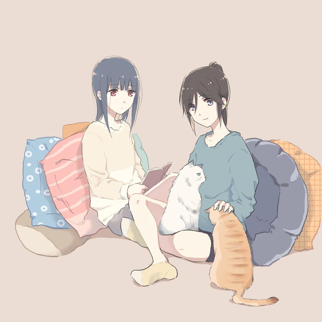 2girls ankle_socks black_hair black_legwear blue_eyes blue_shirt book brown_background cat closed_mouth commentary cushion expressionless grey_legwear hair_between_eyes hair_strand headpat holding holding_book indian_style pantyhose_under_shorts light_smile long_hair long_sleeves lyy multiple_girls open_book orange_cat original pantyhose parted_hair pillow ponytail reading red_eyes shirt shorts simple_background sitting socks sweater white_cat white_sweater