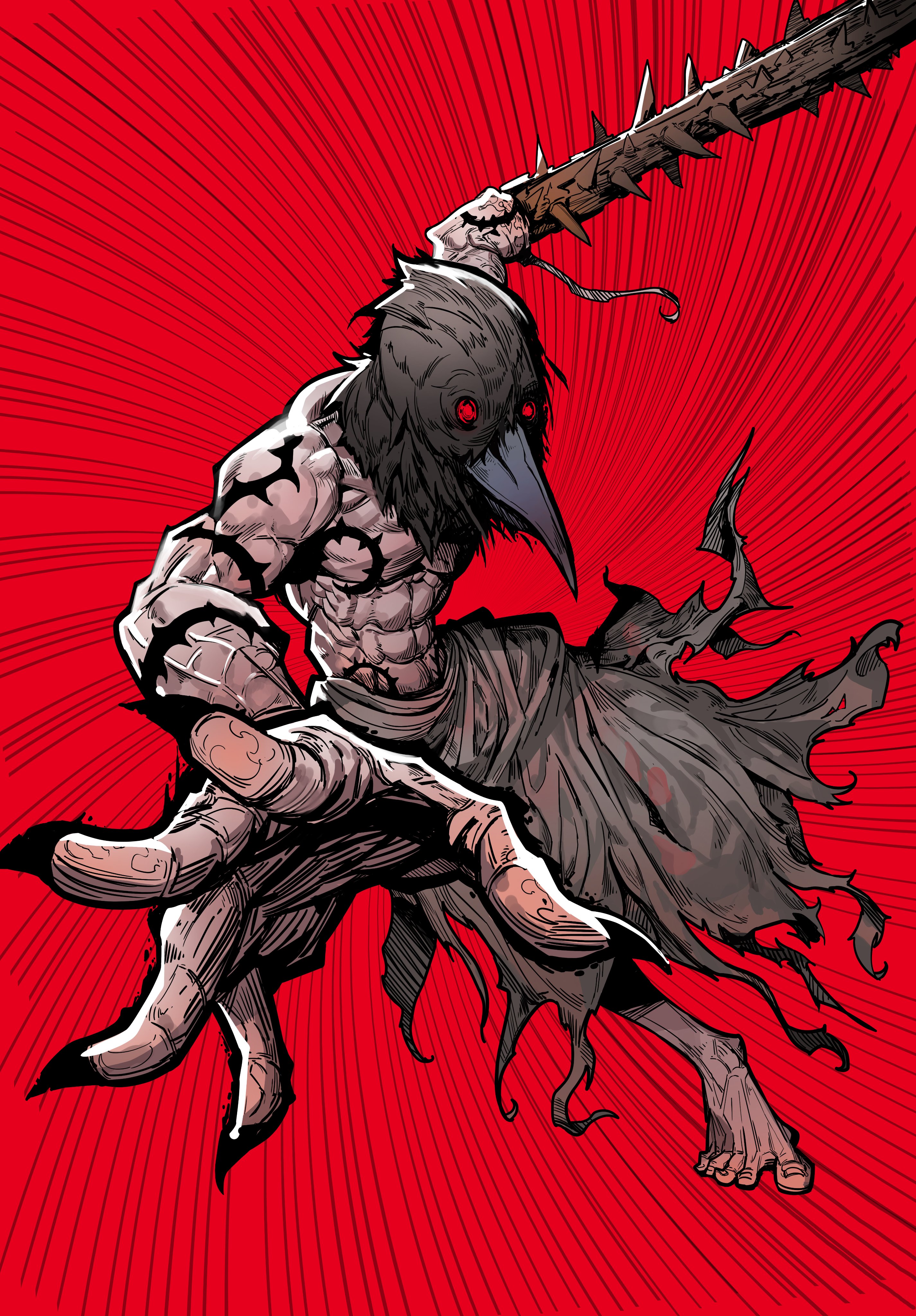 1boy abs absurdres barefoot bird_boy brown_skirt claws crow_mauler emphasis_lines fear_&_hunger fear_&_hunger_(series) fear_&_hunger_1 foreshortening full_body goodwater hashtag-only_commentary highres incoming_attack looking_at_viewer muscular muscular_male prosthetic_weapon reaching reaching_towards_viewer red_background red_eyes skirt solo thorns topless_male torn_clothes torn_skirt