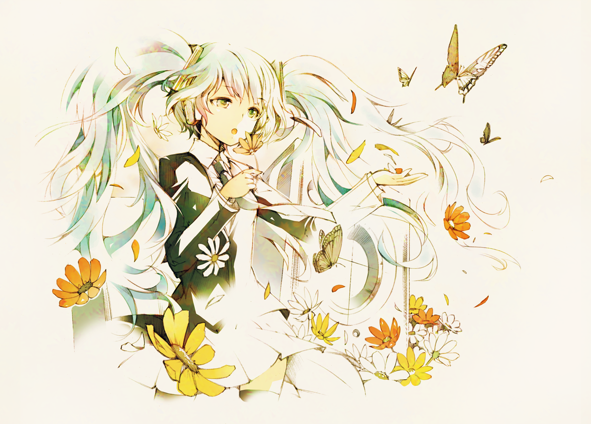 1girl bug butterfly female_focus flower green_eyes green_hair hatsune_miku hatsune_miku_(saihate) headphones ichizen_(o_tori) insect long_hair matching_hair/eyes necktie open_mouth petals saihate_(vocaloid) skirt solo speaker thighhighs twintails very_long_hair vocaloid