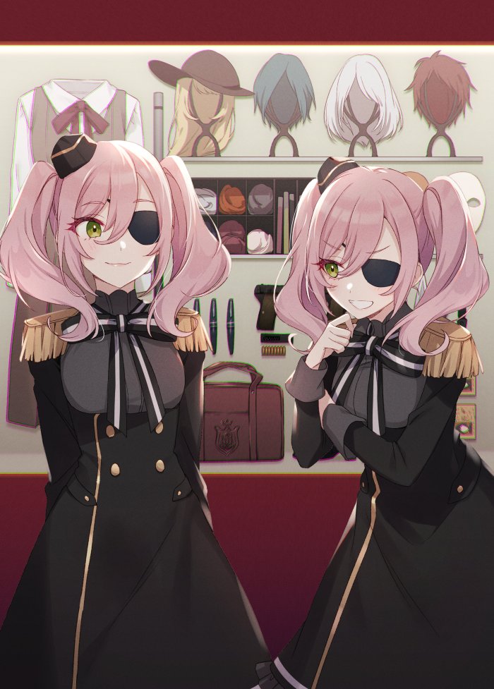 2girls :d annette_(spy_kyoushitsu) bag black_dress buttons clone closed_mouth commentary_request double-breasted dress epaulettes eyepatch green_eyes grin hair_between_eyes hand_up hat leaning_forward light_blush long_dress looking_at_another medium_hair mini_hat multiple_girls official_art open_mouth pink_hair shirt smile spy_kyoushitsu tomari_(veryberry00) twintails unworn_clothes unworn_shirt unworn_wig wig