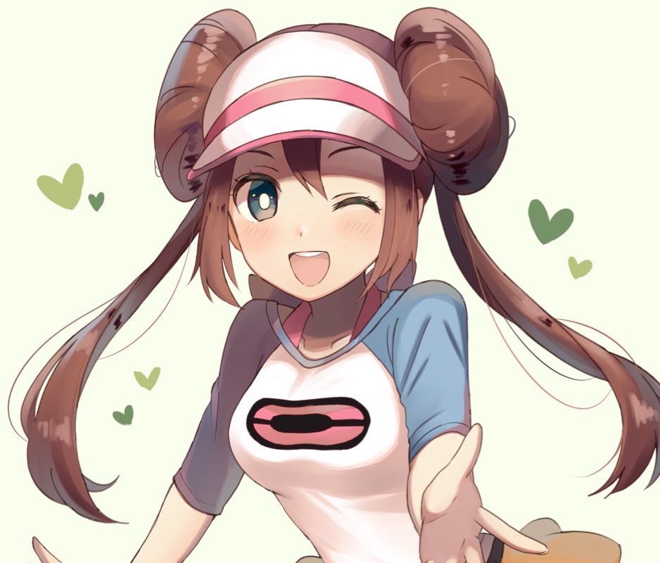 1girl blue_eyes blue_shirt breasts brown_hair donut double_bun food hair_bun hat heart long_hair multicolored_shirt nasakixoc nintendo one_eye_closed poke_ball_print pokemon pokemon_bw2 print_shirt rosa_(pokemon) shirt solo upper_body visor_cap white_hat white_shirt