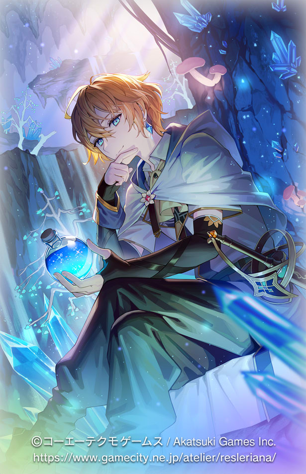 1boy ascot atelier_(series) atelier_resleriana bare_tree black_gloves black_pants blonde_hair blue_eyes cape cave_interior closed_mouth collared_shirt copyright_notice crossed_legs crystal earrings elbow_gloves esukee feet_out_of_frame fingerless_gloves flask gloves hair_between_eyes hand_on_own_chin holding holding_flask jewelry light_particles looking_at_viewer looking_to_the_side male_focus mushroom official_art outdoors pants roman_kalman round-bottom_flask shirt short_hair short_sleeves smile solo sword tree weapon white_cape white_shirt yellow_ascot
