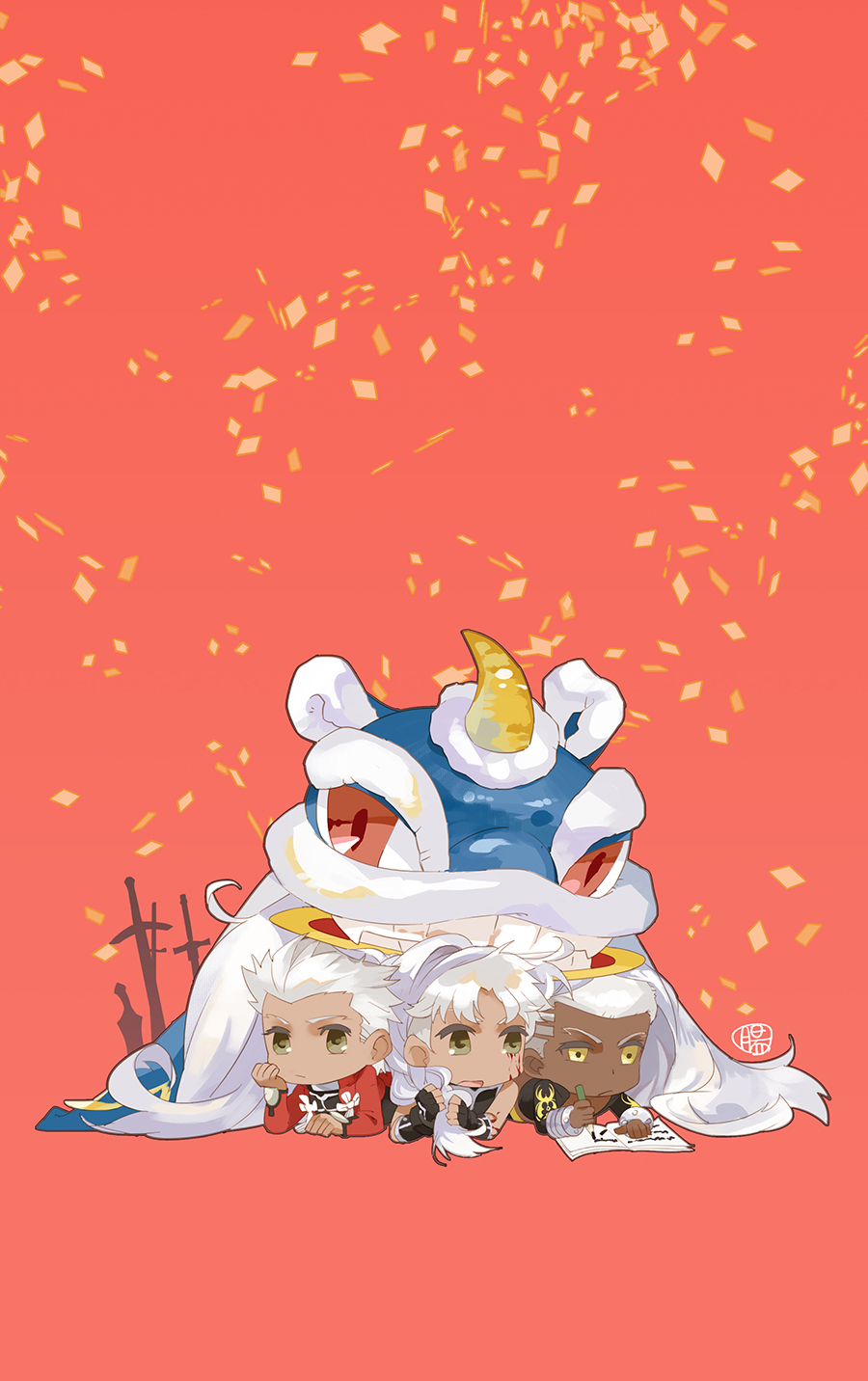 3boys alter_servant archer_(fate) archer_alter_(fate) bare_shoulders book brown_eyes buzz_cut chibi corrupted dark-skinned_male dark_skin emiya_alter fate/grand_order fate/stay_night fate_(series) field_of_blades guttia highres lion_dance multiple_boys multiple_persona short_hair unlimited_blade_works_(reality_marble) very_short_hair white_hair writing yellow_eyes
