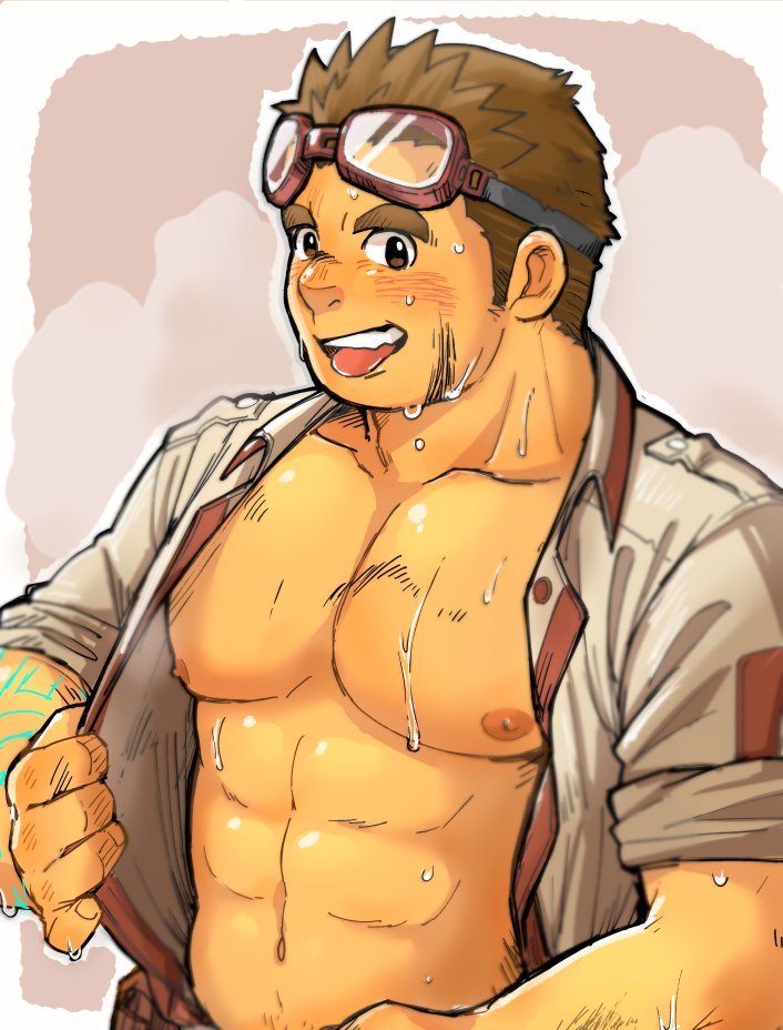 1boy :p abs bara bare_pectorals blush dirty dirty_face goggles goggles_on_head korosuke_(kr0sk) kajiya_kurogane large_pectorals long_sideburns male_focus muscular muscular_male nipples open_jumpsuit pectorals short_hair sideburns smile solo stomach sweat thick_eyebrows tokyo_houkago_summoners tongue tongue_out undressing