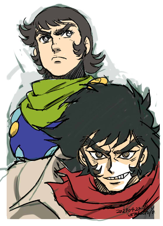 2boys black_hair blue_bodysuit bodysuit brown_hair coat dual_persona frown getter_robo getter_robo_(classic) green_scarf grin looking_at_viewer looking_to_the_side male_focus mecha_pilot_suit multiple_boys nagare_ryoma red_scarf ringed_eyes sabachiyo_land scarf shin_getter_robo short_hair smile spiked_hair thick_eyebrows two-tone_bodysuit v-shaped_eyebrows