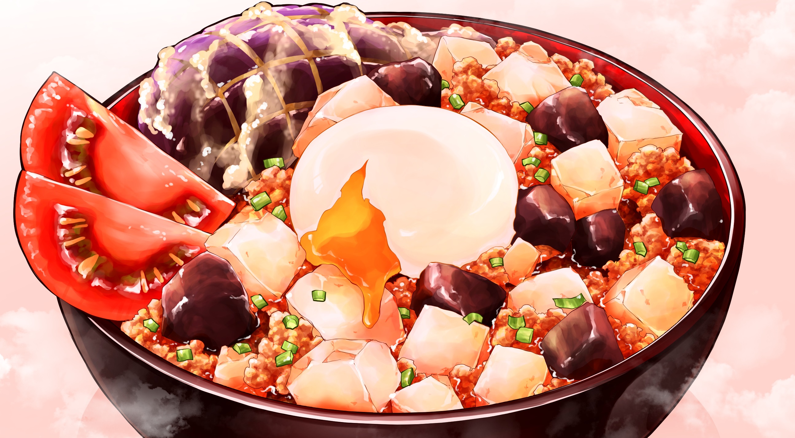 bowl commentary_request egg_(food) food food_focus highres mapo_tofu no_humans ooranokohaku original softboiled_egg still_life tomato tomato_slice