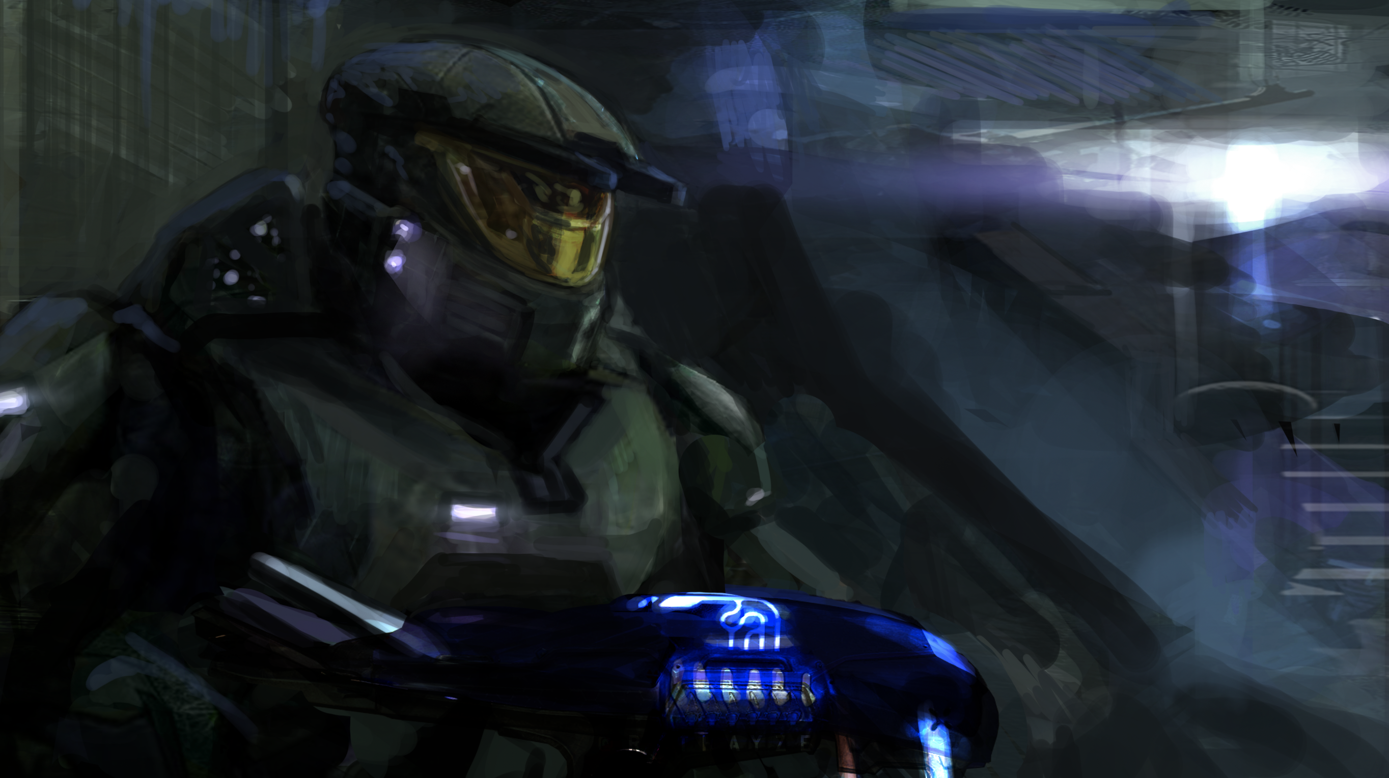1boy armor assault_visor commentary energy_gun english_commentary gun halo:_combat_evolved halo_(series) highres holding holding_gun holding_weapon master_chief plasma_rifle power_armor rythayze science_fiction solo spartan_(halo) weapon