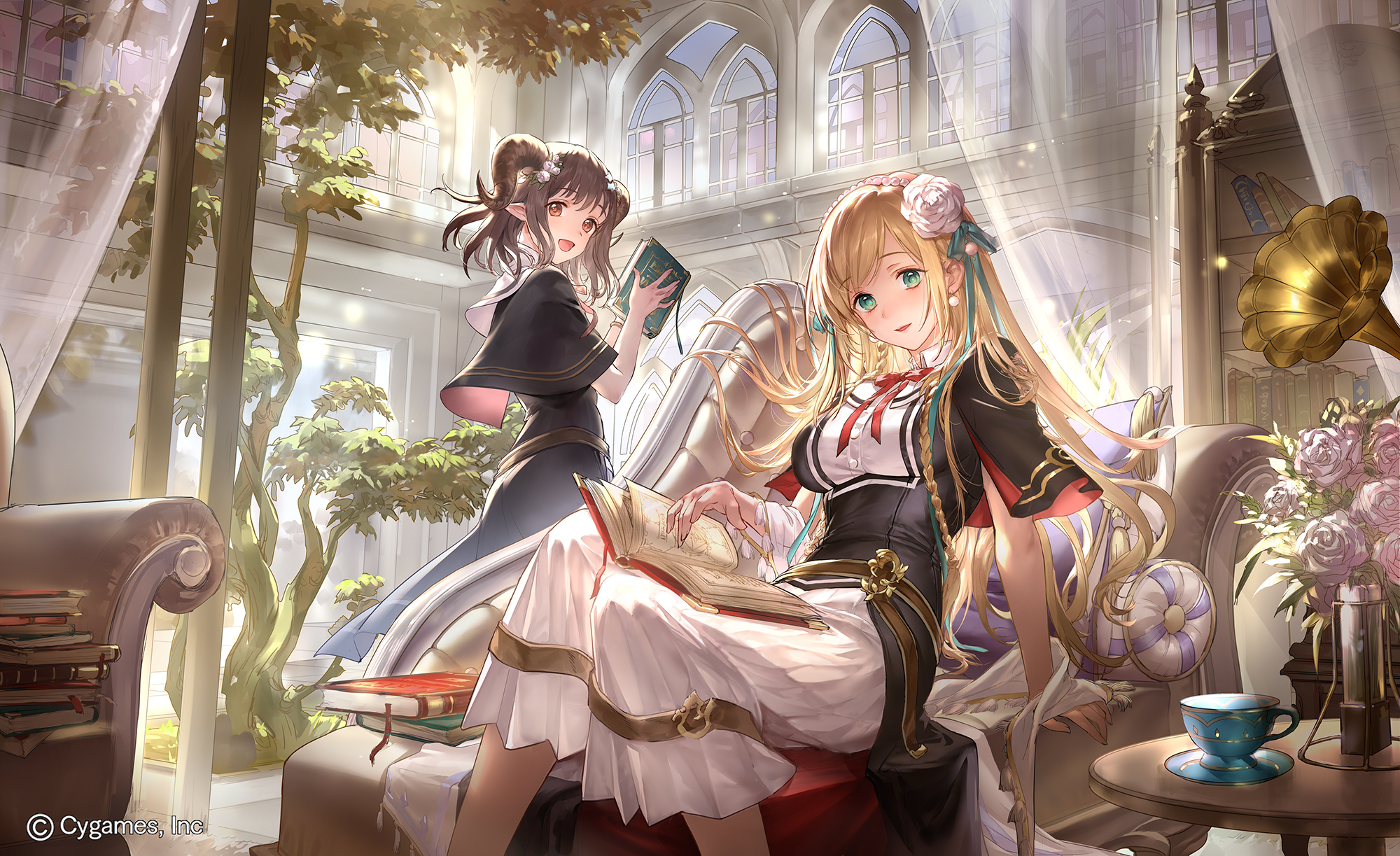 2girls aqua_ribbon arm_support black_dress black_horns blonde_hair book bow bowtie braid brown_eyes brown_hair buttons chaise_longue collared_dress commentary_request couch cup curtains day dress earrings feet_out_of_frame flower flower_pot green_eyes hair_flower hair_ornament hair_ribbon hairband highres holding holding_book horns indoors jewelry liiko long_dress long_hair looking_at_viewer multiple_girls official_art on_couch open_book open_mouth parted_lips phonograph pointy_ears purple_flower red_bow ribbon sailor_collar see-through_curtains shadowverse shelf short_sleeves sidelighting sidelocks sitting standing tree white_dress white_flower white_sailor_collar wide_shot