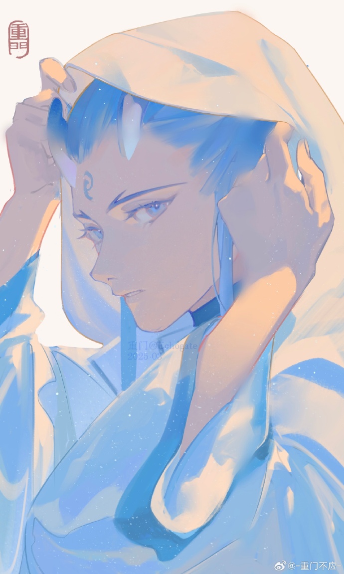 1boy ao_bing_(nezha_zhi_motong_jiangshi) black_undershirt blue_eyes blue_hair chinese_clothes cloak cmpovar commentary dragon_boy eastern_dragon_horns forehead hanfu hood hood_up long_hair long_sleeves looking_at_viewer male_focus nezha_zhi_motong_jiangshi parted_lips simple_background solo symbol-only_commentary upper_body watermark weibo_watermark white_background white_cloak white_hanfu wide_sleeves