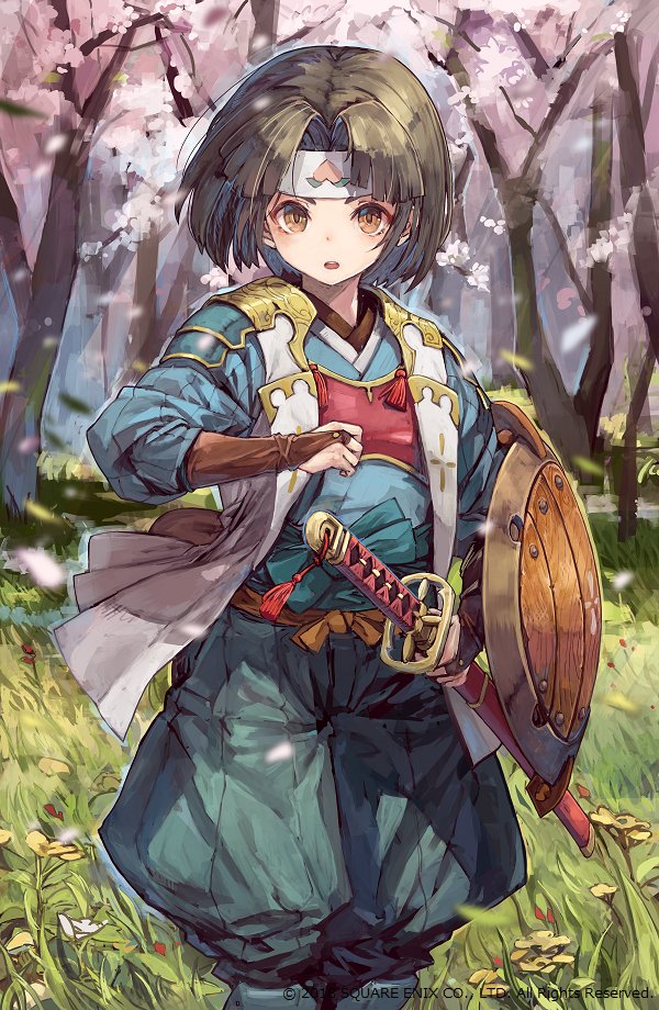 1boy armor black_hair brown_eyes copyright_notice forest grimms_echoes japanese_armor japanese_clothes katana male_focus momotarou_(grimms_echoes) nature official_art open_mouth puffy_pants shield short_hair solo suzuno_(bookshelf) sword weapon