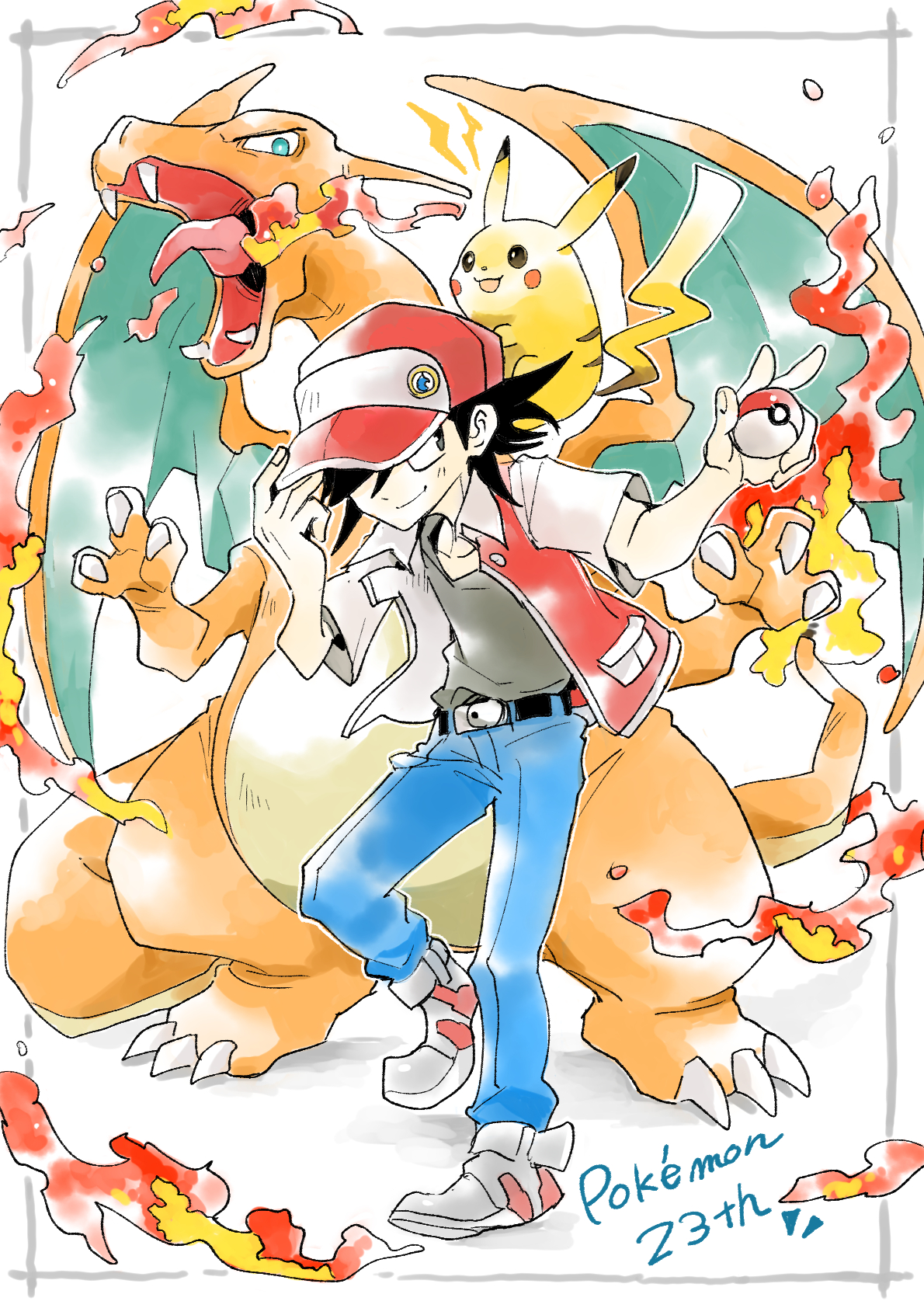 1boy anniversary belt black_belt black_hair blue_pants charizard claws closed_mouth copyright_name creatures_(company) fire flame-tipped_tail game_freak gen_1_pokemon grey_pants grey_shoes highres holding holding_poke_ball jacket kumakoro_(tetsupag) male_focus nintendo open_mouth pants pikachu poke_ball poke_ball_(basic) pokemon pokemon_(creature) pokemon_rgby red_(pokemon) red_hair red_jacket shoes smile sugimori_ken_(style)