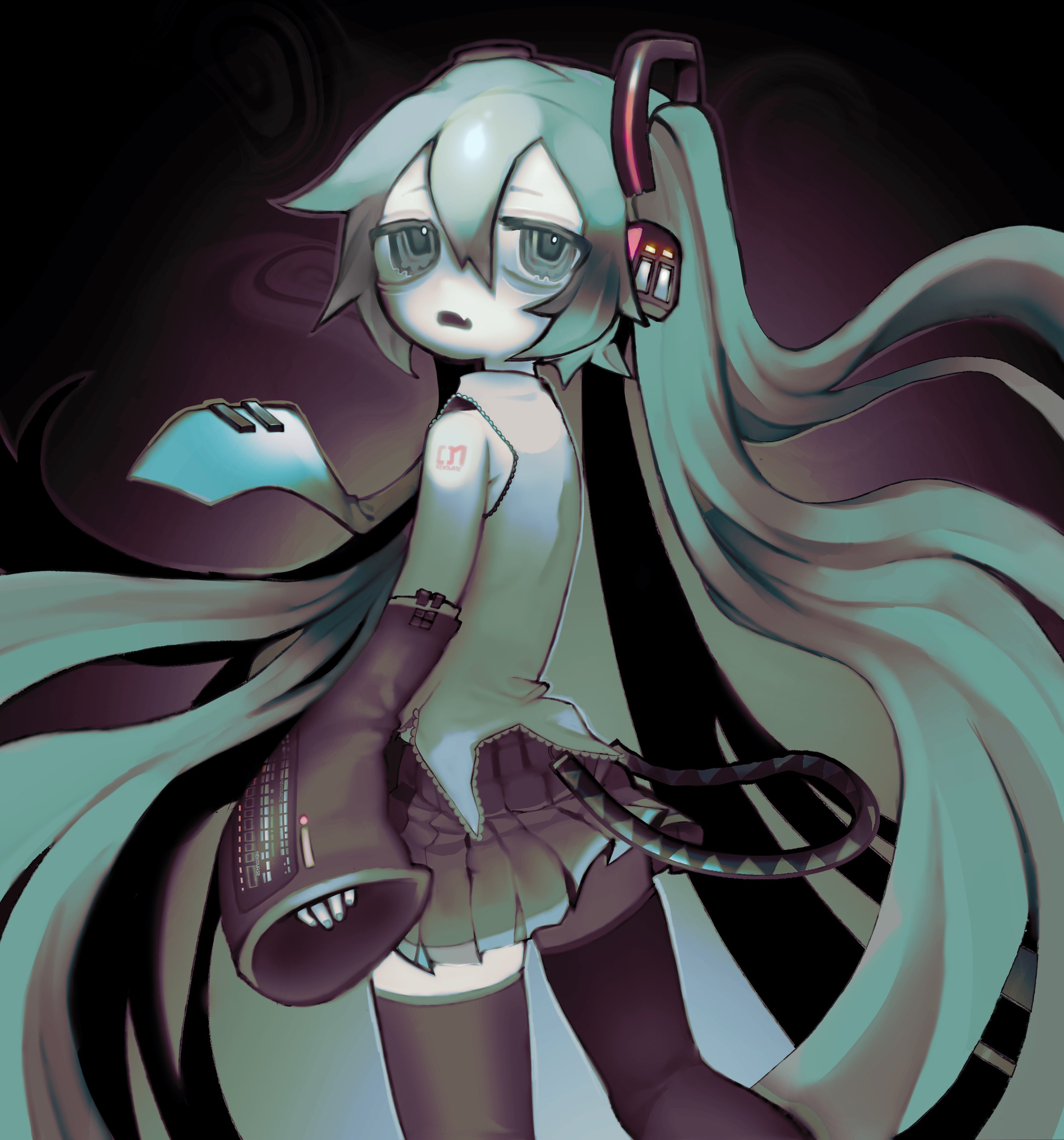 1girl absurdres aqua_eyes aqua_hair aqua_nails aqua_necktie black_sleeves detached_sleeves fang hatsune_miku headphones headset highres long_hair necktie nekowase number_tattoo open_mouth pleated_skirt shirt simple_background skin_fang skirt sleeveless sleeveless_shirt sleeves_past_wrists solo tattoo thighhighs twintails very_long_hair vocaloid