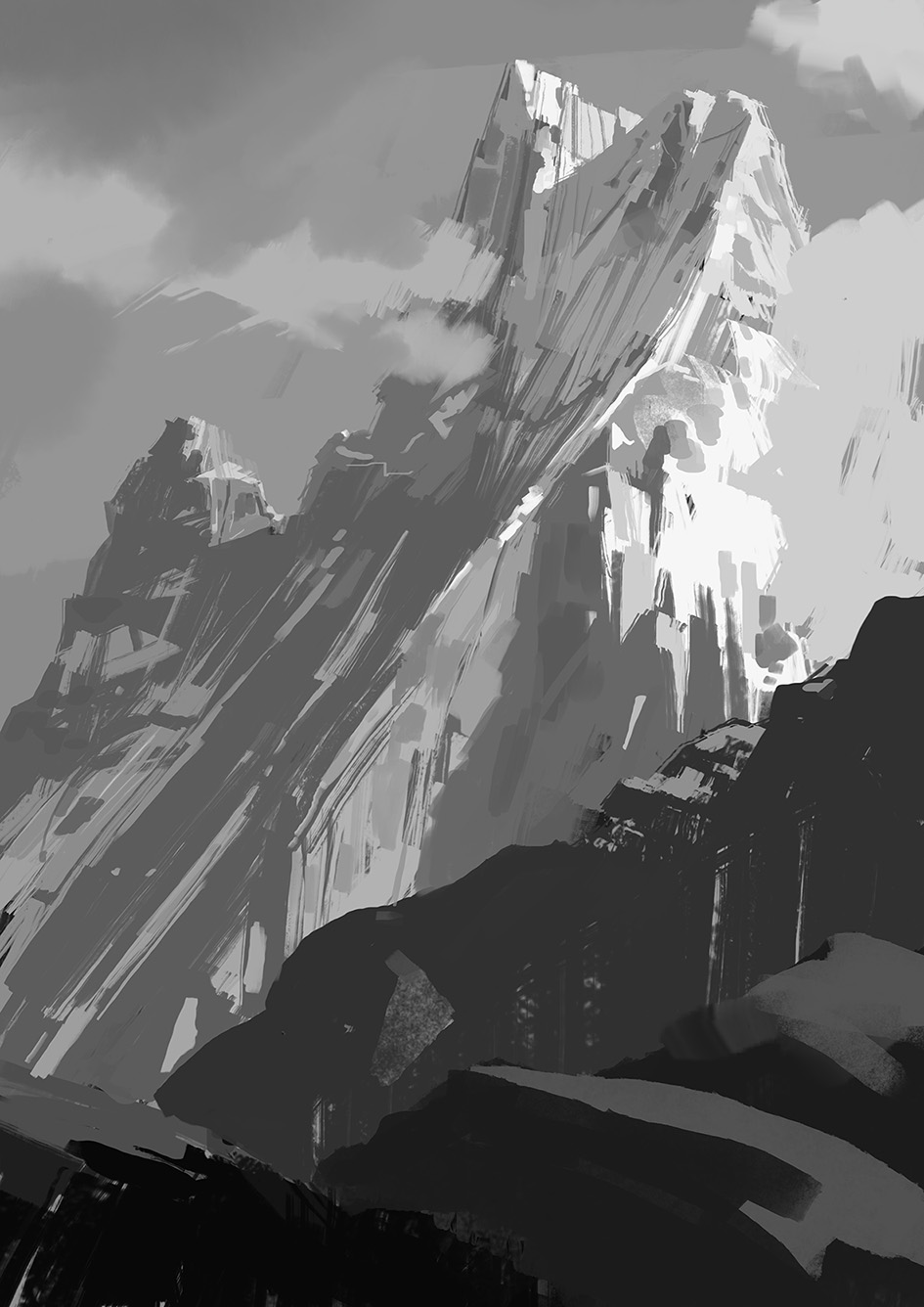 above_clouds cliff cloud grey_background grey_outline greyscale highres monochrome mountain no_humans original outdoors outline painting_(medium) scenery slow_d traditional_media