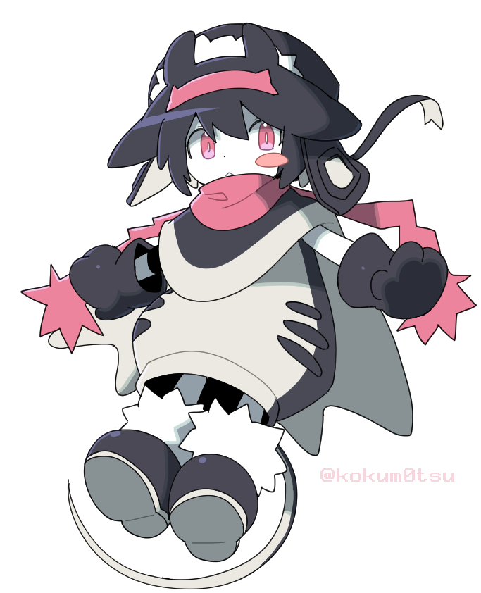 1boy :&lt; antenna_hair antennae black_hair blush_stickers boots cape child full_body fur-trimmed_boots fur-trimmed_hat fur_trim gloves hat humanization kokum0tsu looking_at_viewer male_focus manta manta_ray monster_boy original oversized_gloves parted_lips pink_eyes scarf short_hair sleeveless solo solo_focus tail trap white_background