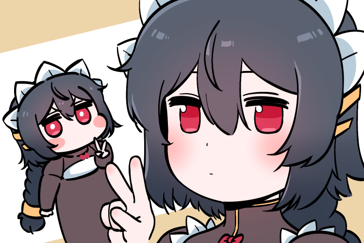 2girls adapted_costume aged_down black_hair black_wyrm_(last_origin) blush blush_stickers braid braided_ponytail chibi hair_between_eyes last_origin long_hair looking_at_viewer maid_headdress mini_black_wyrm_(last_origin) mogijabgo multiple_girls red_eyes ribbon simple_background v very_long_hair