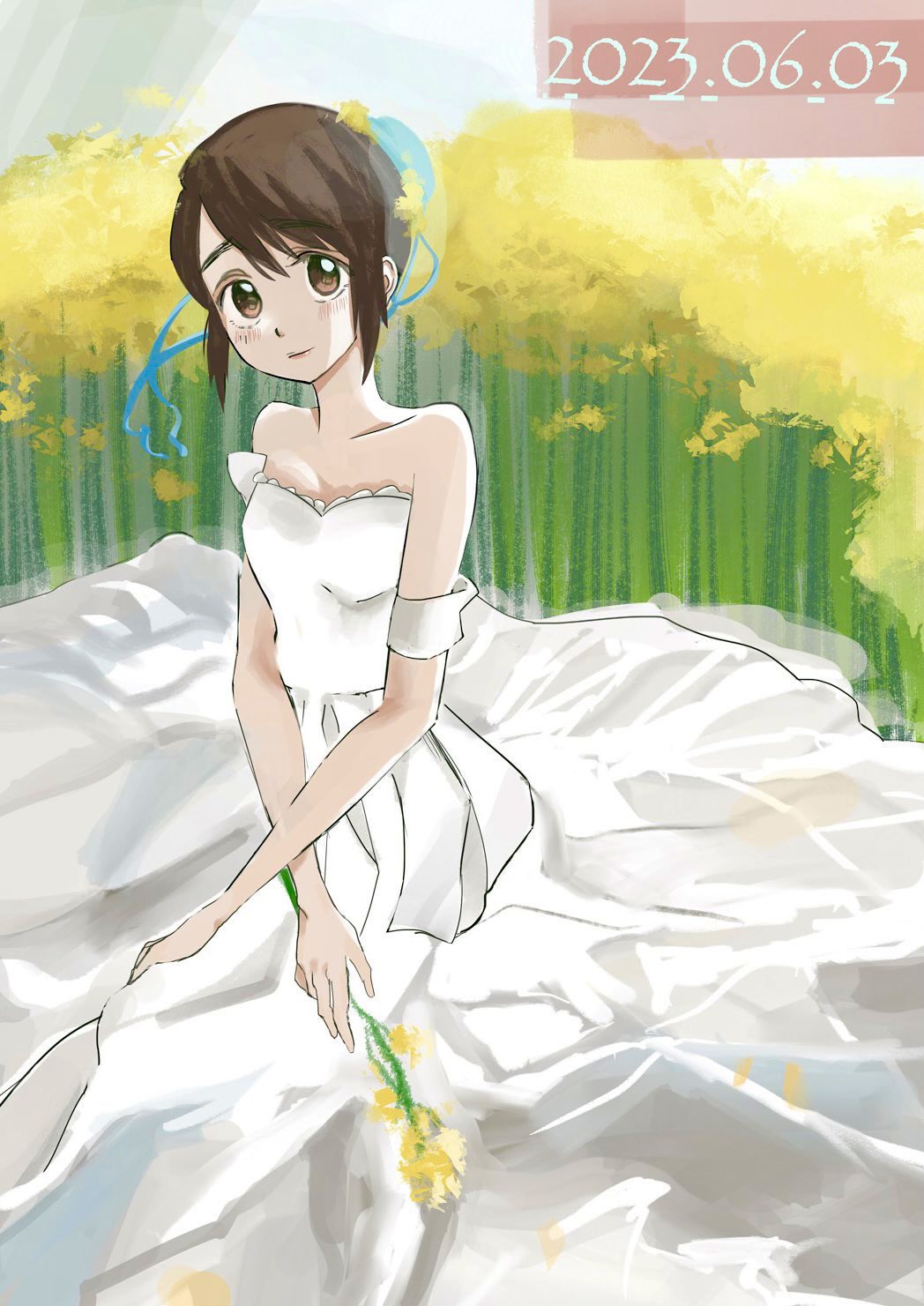 bleach blue_ribbon blush brown_eyes brown_hair bun_cover ching1217_fei dress flower hair_bun highres hinamori_momo light_smile looking_at_viewer ribbon short_hair sidelocks sleeveless sleeveless_dress white_dress