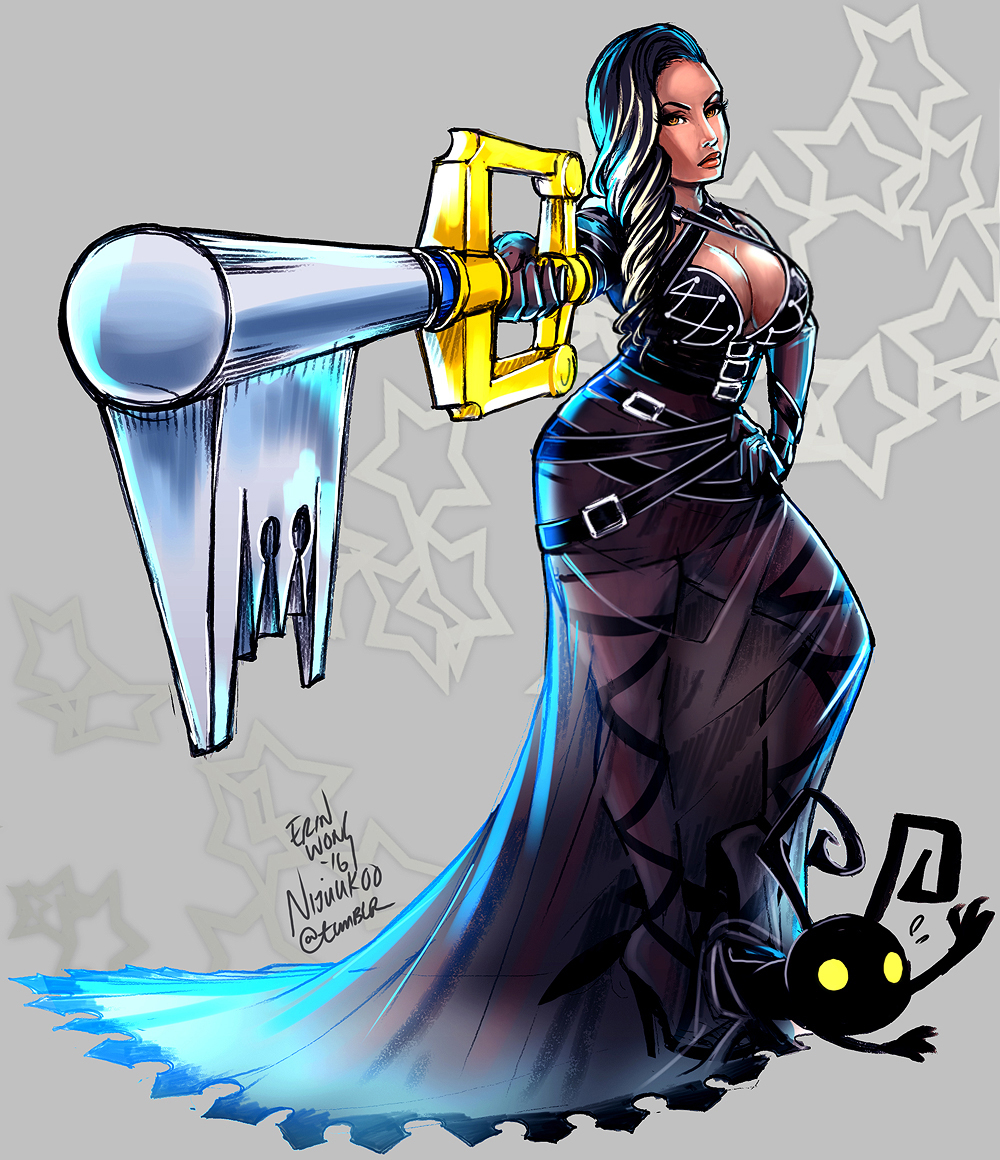 1girl black_hair breasts buckle dark-skinned_female dark_skin dress female_focus full_body hand_on_own_hip heartless high_heels keyblade kingdom_hearts large_breasts long_hair nicki_minaj nijuuni real_life see-through_clothes shadow_(kingdom_hearts) solo stepped_on