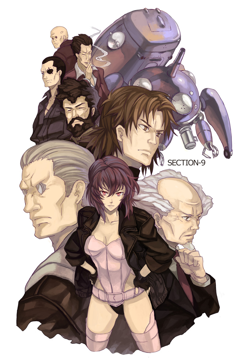 1girl 6+boys aramaki_daisuke bad_id bad_pixiv_id bald batou_(gits) beard black_hair boma_(gits) brown_eyes brown_hair cigarette cyberpunk everyone facial_hair fingerless_gloves ghost_in_the_shell ghost_in_the_shell:_stand_alone_complex gloves grey_hair hands_on_own_hips ishikawa_(gits) jacket kusanagi_motoko leotard mecha multiple_boys osamu_(jagabata) paz_(gits) purple_hair red_eyes robot saito saitou_(gits) science_fiction short_hair simple_background smoke tachikoma thighhighs togusa_(gits) white_hair