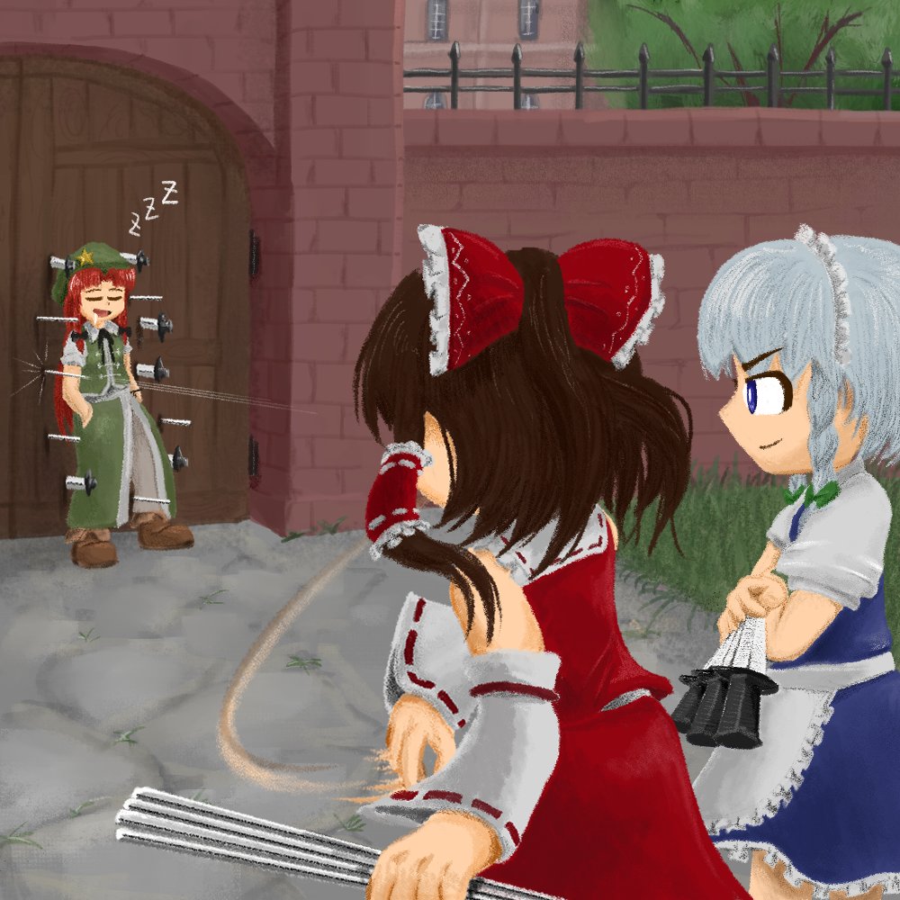 3girls apron black_bow blue_eyes bow braid brown_hair closed_eyes closed_mouth commentary_request detached_sleeves frilled_bow frilled_hair_tubes frills from_behind gate green_bow green_hat grey_hair hair_bow hair_tubes hakurei_reimu hands_in_pockets hat hat_ornament holding holding_knife holding_needle hong_meiling izayoi_sakuya knife long_hair maid_headdress multiple_girls needle open_mouth orientalzenzai red_bow red_hair red_skirt ribbon-trimmed_sleeves ribbon_trim saliva shoes short_sleeves side_slit skirt skirt_set sleeping smile star_(symbol) star_hat_ornament throwing throwing_needles touhou twin_braids white_apron zzz