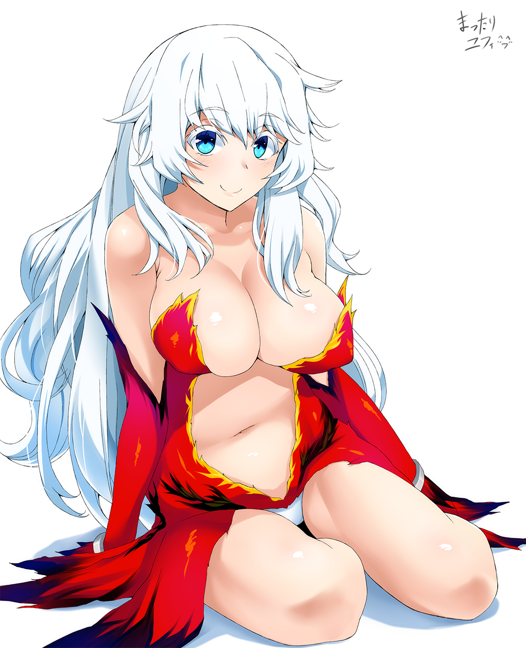 1girl artemis_(fate) artemis_(third_ascension)_(fate) bad_perspective bare_shoulders blue_eyes breasts cleavage colored_eyelashes fate_(series) female_focus full_body highres large_breasts long_hair looking_at_viewer mattari_yufi medium_breasts navel signature simple_background sitting smile solo thighs very_long_hair wavy_hair white_background white_hair