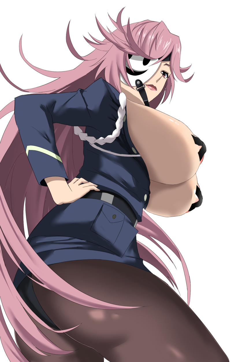 1girl ass belt breasts buttons cross cross_pasties from_below hand_on_own_hip highres huge_breasts kusakabe_yayoi lips mask mature_female open_clothes pantyhose pasties pink_hair pocket red_lips strap takara_joney tenkuu_shinpan unworn_mask