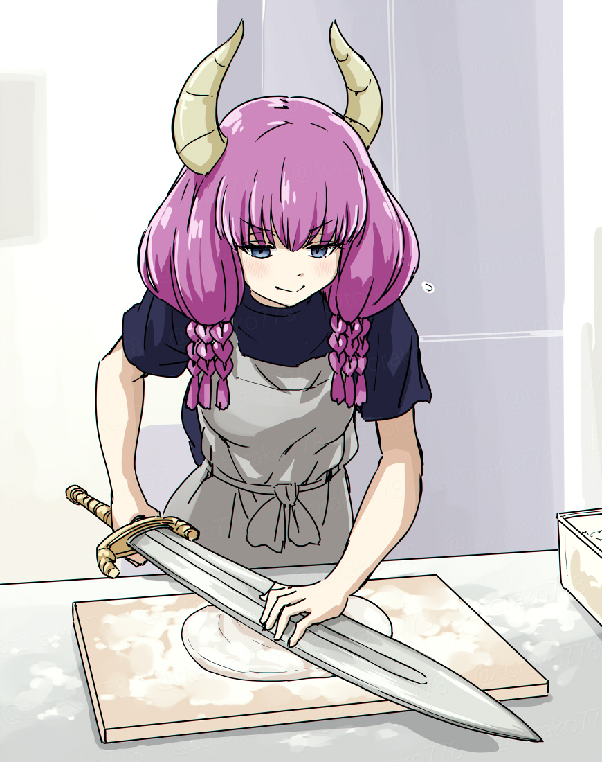 1girl apron aura_(sousou_no_frieren) blue_eyes contemporary cutting_board dough flour horns indoors kneading_dough long_hair pink_hair solo sousou_no_frieren sword torako_(toramaru) weapon