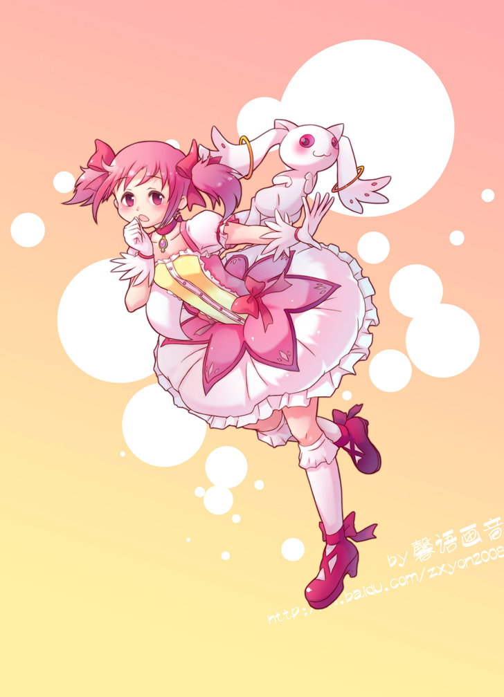 10s 1girl :3 :o animal_ears bad_id bad_pixiv_id blush bow bubble_skirt choker creature dress frills full_body gloves hair_ribbon kaname_madoka kaname_madoka_(magical_girl) kneehighs kyubey magical_girl mahou_shoujo_madoka_magica mahou_shoujo_madoka_magica_(anime) pink_hair puffy_sleeves red_eyes ribbon shoes short_hair short_twintails skirt socks twintails white_socks xin_yu_hua_yin zxyon2008