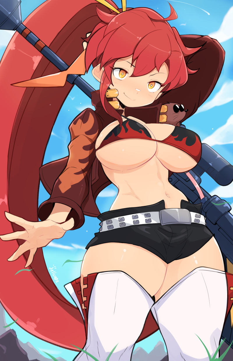 1girl anti-materiel_rifle arm_behind_head belt bikini bikini_top_only black_bikini black_shorts blue_sky boota_(ttgl) boots breasts brown_jacket closed_mouth commentary cowboy_shot creature creature_on_shoulder flame_print gun gun_on_back highres jacket jellcaps large_breasts long_hair long_sleeves navel on_shoulder open_clothes open_jacket orange_eyes ponytail red_hair rifle short_shorts shorts sky smile sniper_rifle solo swimsuit tengen_toppa_gurren_lagann thigh_boots very_long_hair weapon weapon_on_back white_belt white_boots yoko_littner