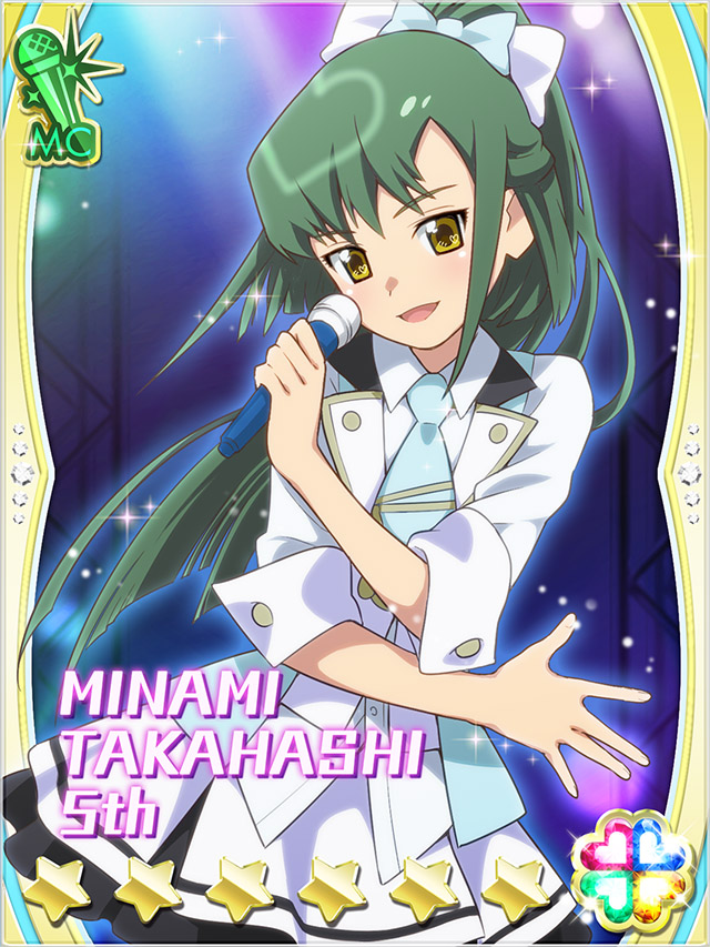 1girl :d akb0048 blue_necktie bow braid card_(medium) character_name collared_shirt concert cowboy_shot green_hair hair_bow heart high_ponytail holding holding_microphone jacket long_hair microphone necktie non-web_source official_art open_mouth pleated_skirt ponytail shirt single_braid skirt smile solo sparkle stage_lights standing star_(symbol) takahashi_minami_(akb0048) white_bow white_shirt yellow_eyes