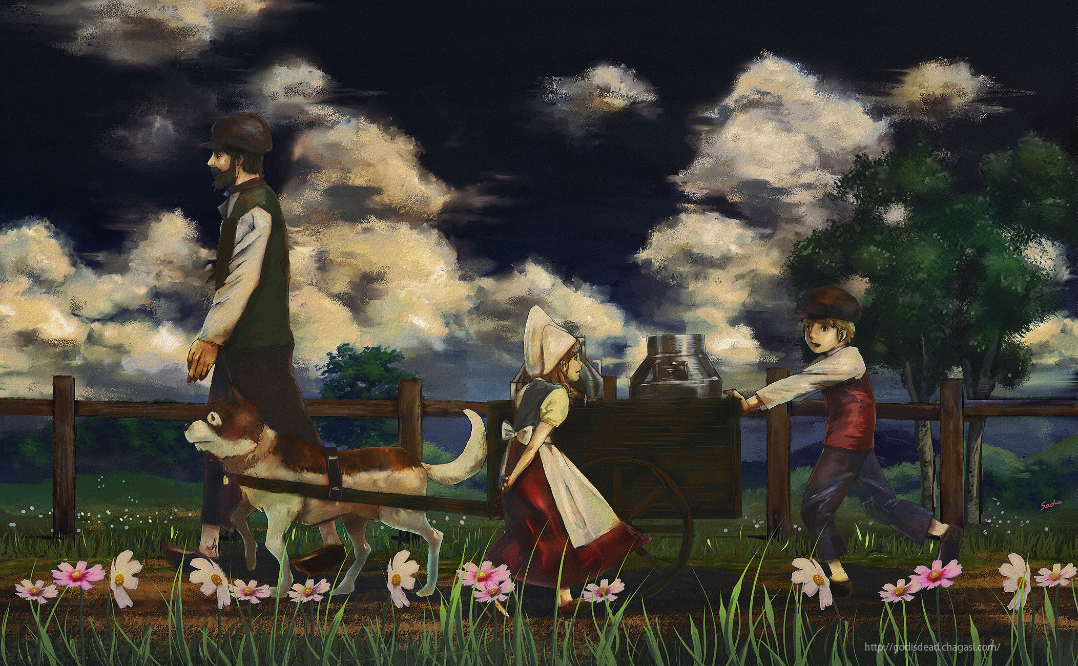1girl 2boys a_dog_of_flanders aloise_cogez beard black_hat blonde_hair brown_hat child cloud dog facial_hair fence flower hat highres jehan_daas long_sleeves multiple_boys nello_(a_dog_of_flanders) petrasche_(a_dog_of_flanders) red_skirt red_vest shirt skirt socha_(pixiv99744) tree vest wagon walking watermark web_address white_hat white_shirt