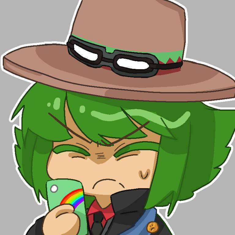 1boy black_jacket black_necktie brown_hat cellphone chibi chinese_commentary closed_eyes closed_mouth collared_shirt colored_eyelashes commentary_request danganronpa_another frown goggles goggles_on_headwear green_hair grey_background hat holding holding_phone jacket long_sleeves male_focus medium_hair necktie otori_teruya outline phone priswocaer rainbow red_shirt shirt simple_background solo super_danganronpa_another_2 sweat tan v-shaped_eyebrows white_outline