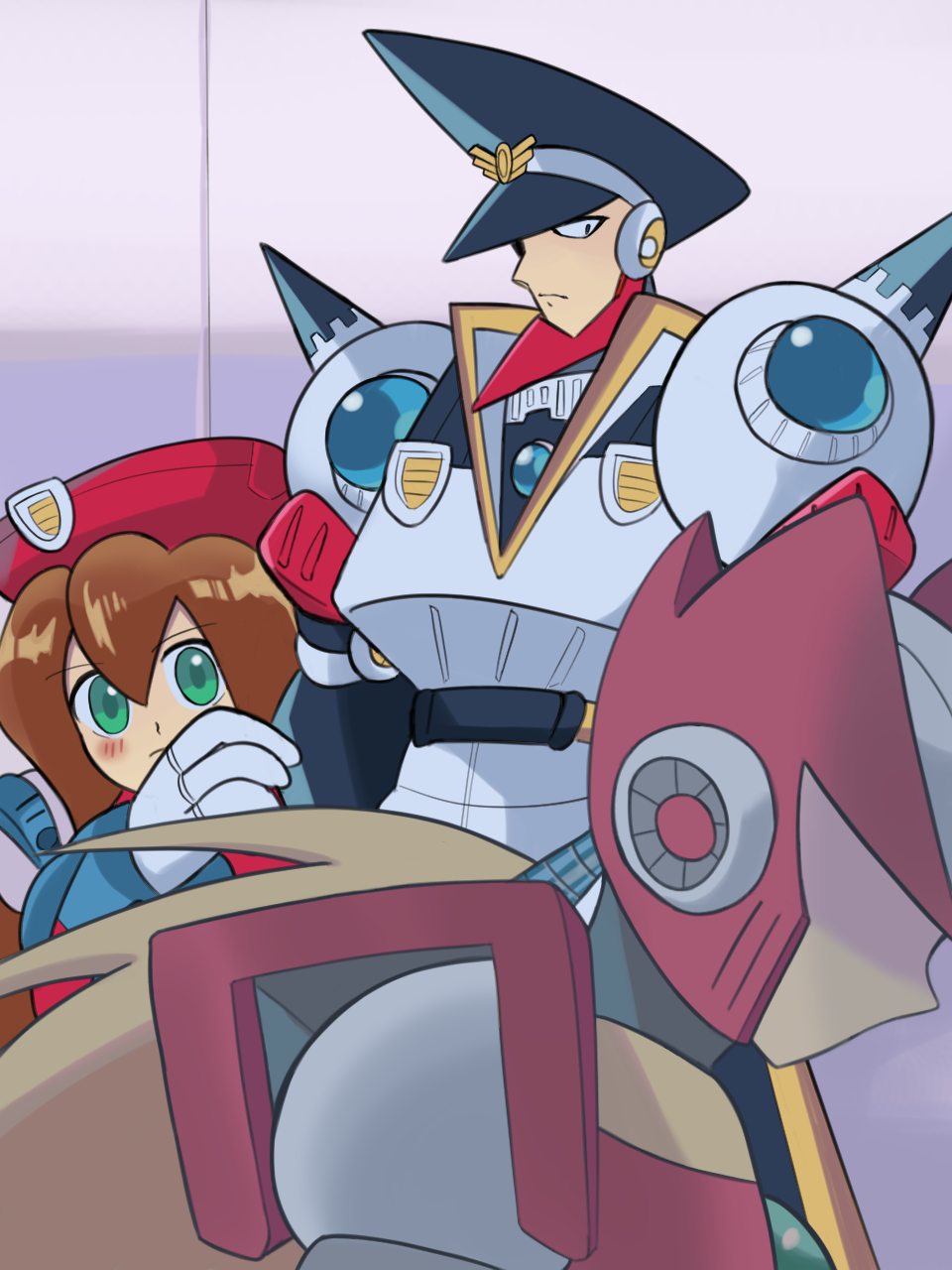 1girl 2boys android armor arms_behind_back beret blonde_hair blush brother_and_sister brown_hair chest_jewel closed_mouth colonel_(mega_man) dress forehead_jewel from_side gloves grabbing_another&#039;s_arm gradient_background green_eyes hat helmet hiding hiding_behind_another highres iris_(mega_man) jewelry long_hair looking_at_another mega_man_(series) mega_man_x4 mega_man_x_(series) military military_hat military_uniform multicolored_dress multiple_boys no_eyes no_mouth peaked_cap ponytail red_armor red_hat red_helmet robot robot_ears robot_girl shadow shoulder_armor shoulder_jewel shoulder_spikes siblings simple_background spikes user_xguj2433 very_long_hair white_armor white_gloves zero_(mega_man)
