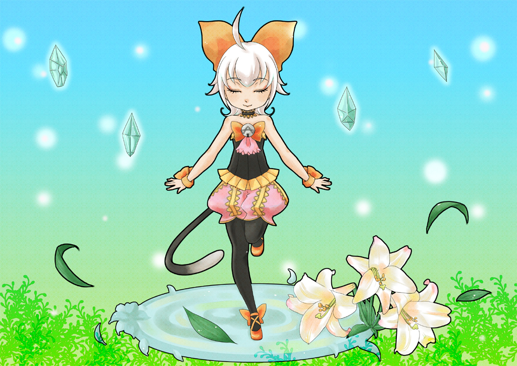 1girl bell cat_tail closed_eyes crystal female_focus final_fantasy final_fantasy_crystal_chronicles final_fantasy_crystal_chronicles:_echoes_of_time flower himeko_(chp) pantyhose pink_hair sherlotta solo tail