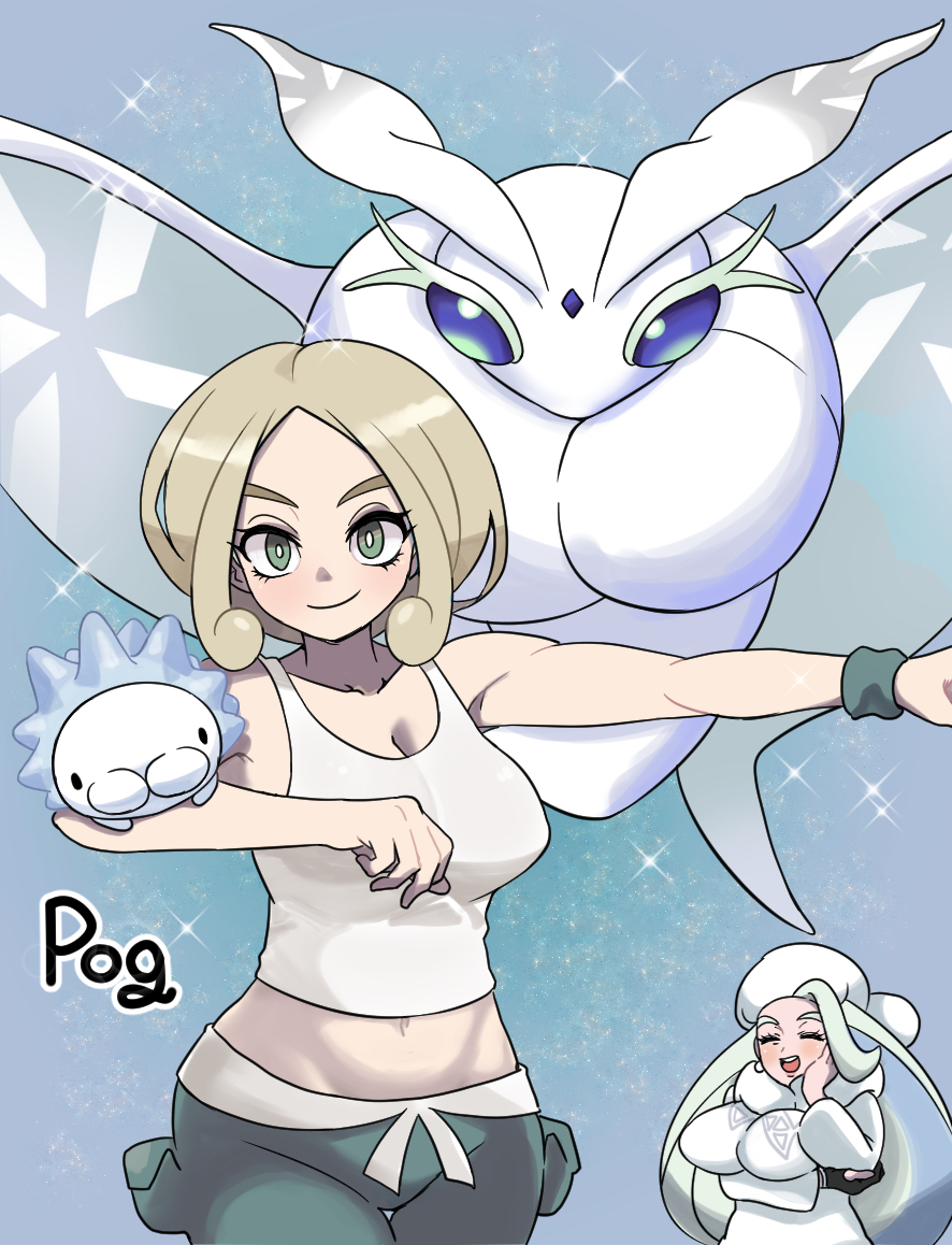 1girl 2girls arm_under_breasts bare_arms bare_shoulders blonde_hair breasts bug capri_pants cleavage closed_eyes curtained_hair earrings frosmoth fur_collar fur_hat gen_8_pokemon gigobyte350 green_eyes green_pants hat head_rest insect jewelry large_breasts long_hair long_sleeves mature_female melony_(pokemon) midriff moth multicolored_hair multiple_girls nintendo pants pearl_earrings pokemon pokemon_(creature) pokemon_swsh pokemon_xy scarf shirt sleeveless sleeveless_shirt snom solo streaked_hair sweater tank_top ushanka viola_(pokemon) white_scarf white_sweater white_tank_top worm