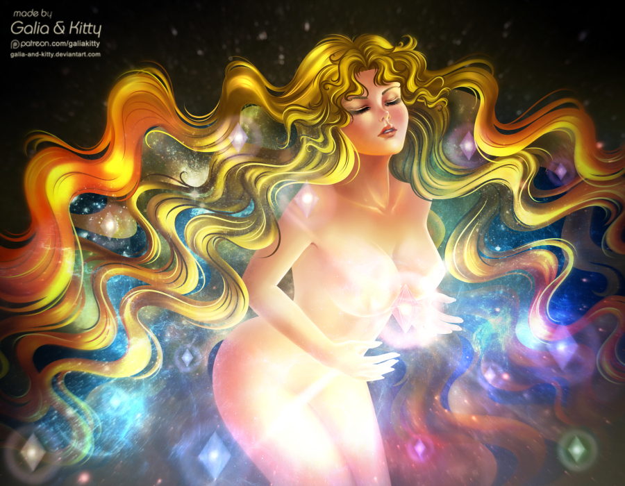 1girl arched_back armpits artist_name artistic_nudity ass bishoujo_senshi_sailor_moon blonde_hair breasts closed_eyes closed_mouth collarbone completely_nude epic expressionless eyelashes female_focus fingernails galia_&amp;_kitty hands_in_pockets hands_up kgfantasy large_breasts leaning_forward legs legs_together light_particles light_rays lipstick long_fingernails long_hair looking_up makeup navel neck nude outstretched_arms parted_bangs parted_lips planet sailor_galaxia space spread_arms thighs thighs_together universe unworn_armor unworn_clothes unworn_headwear very_long_hair wavy_hair
