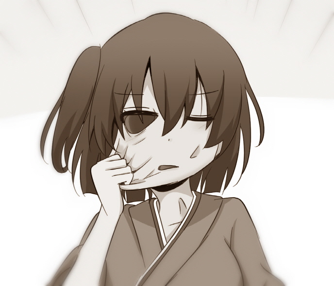 comic cyberdemon_no3 hair_between_eyes hiryuu_(kancolle) japanese_clothes kantai_collection mask monochrome short_hair side_ponytail solo stretch_marks