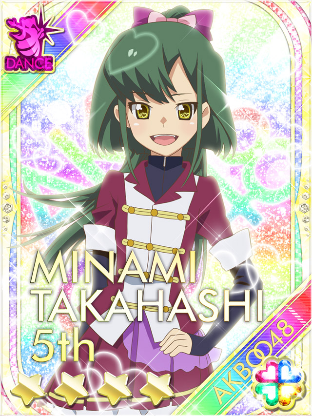 1girl :d akb0048 black_shirt bow card_(medium) character_name copyright_name cow green_hair hair_bow hand_on_own_hip heart high_ponytail jacket layered_sleeves long_hair long_sleeves looking_at_viewer non-web_source official_art open_mouth pink_bow pleated_skirt ponytail purple_bow red_skirt shirt short_over_long_sleeves short_sleeves skirt smile solo sparkle standing star_(symbol) takahashi_minami_(akb0048) teeth upper_teeth_only yellow_eyes