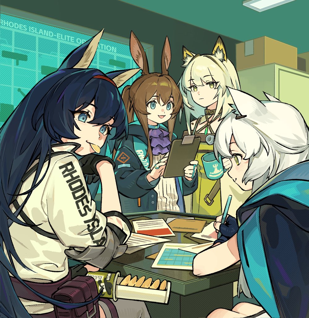 4girls :d :| amiya_(arknights) animal_ear_fluff animal_ears arknights ascot black_hair blaze_(arknights) blue_choker blue_eyes blue_jacket box brown_hair cat_ears cat_girl ceiling_light chips_(food) choker clipboard closed_mouth commentary double-parted_bangs elbow_pads english_commentary favilia fingerless_gloves food food_in_mouth gloves green_eyes grey_choker hair_between_eyes hairband holding holding_clipboard holding_pencil hood hood_down infection_monitor_(arknights) jacket jacket_on_shoulders jewelry kal&#039;tsit_(arknights) looking_at_another mouth_hold multiple_girls open_mouth papers pencil potato_chips purple_ascot rabbit_ears rabbit_girl red_hairband ring rosmontis_(arknights) screen shirt sitting smile standing striped_clothes striped_shirt swept_bangs table vertical-striped_clothes vertical-striped_shirt white_hair white_shirt writing