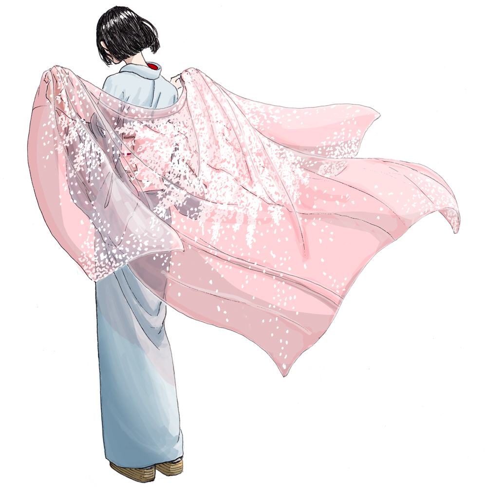 1girl black_hair blue_kimono bob_cut cardigan clothes_focus dfsono facing_away floating_clothes from_behind full_body haori japanese_clothes kimono obi original pink_cardigan sash see-through_cardigan see-through_clothes solo white_background