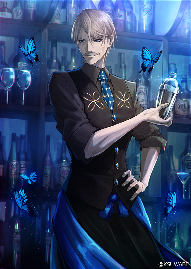 1boy alternate_costume bar_(place) blue_eyes bottle bug butterfly cocktail_glass commentary_request cowboy_shot cup drinking_glass facial_hair fate/grand_order fate_(series) grey_hair hair_between_eyes hand_on_own_hip insect james_moriarty_(archer)_(fate) james_moriarty_(gray_collar)_(fate) k-suwabe long_sleeves male_focus mustache necktie pants shaker shelf sleeves_rolled_up smile solo standing twitter_username upper_body vest wine_glass