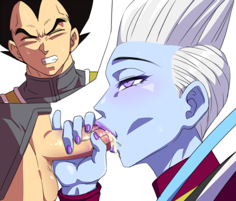 2boys blue_skin blush bottomless clenched_teeth colored_skin cum cum_in_mouth dragon_ball dragonball_z erection fellatio handjob male_focus multiple_boys oral orgasm penis penis_grab saliva sweat teba_motoko teeth testicles vegeta whis wince yaoi