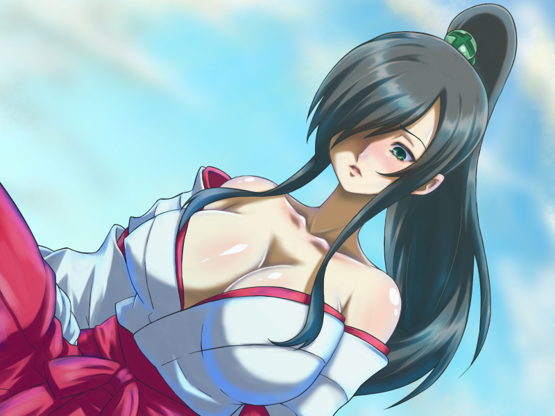 1girl alternate_costume alternate_hairstyle bare_shoulders black_hair blue_sky blush breasts cleavage cloud collarbone commentary_request day dutch_angle female_focus gekoge_satoru green_eyes hair_over_one_eye hakama hakama_skirt half-closed_eyes heybot! high_ponytail japanese_clothes large_breasts lips long_hair long_sleeves looking_at_viewer looking_down miko nejiyanagi_yuuko off_shoulder open_mouth outdoors pale_skin ponytail red_hakama shiny_skin sidelocks skirt sky solo upper_body