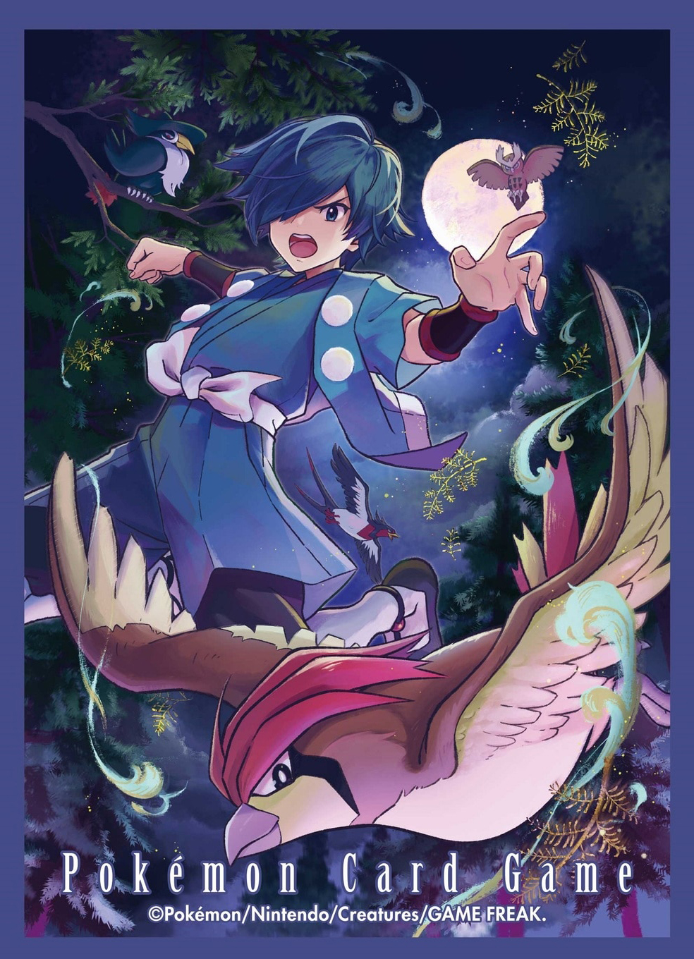 1boy bird black_footwear blue_border blue_eyes blue_hair blue_haori blue_jacket blue_kimono blue_shorts border closed_mouth cloud copyright_name copyright_notice falkner_(pokemon) full_moon gen_1_pokemon gen_2_pokemon gen_3_pokemon gen_4_pokemon hair_over_one_eye hakama hakama_shorts haori highres honchkrow jacket japanese_clothes kimono kneehighs matsuno_tika moon night night_sky nintendo noctowl official_art open_clothes open_jacket open_mouth pidgeotto pokemon pokemon_(creature) pokemon_hgss pokemon_tcg red_eyes shoes short_hair shorts sky socks star_(sky) swellow teeth third-party_source tree upper_teeth_only white_socks wind wristband