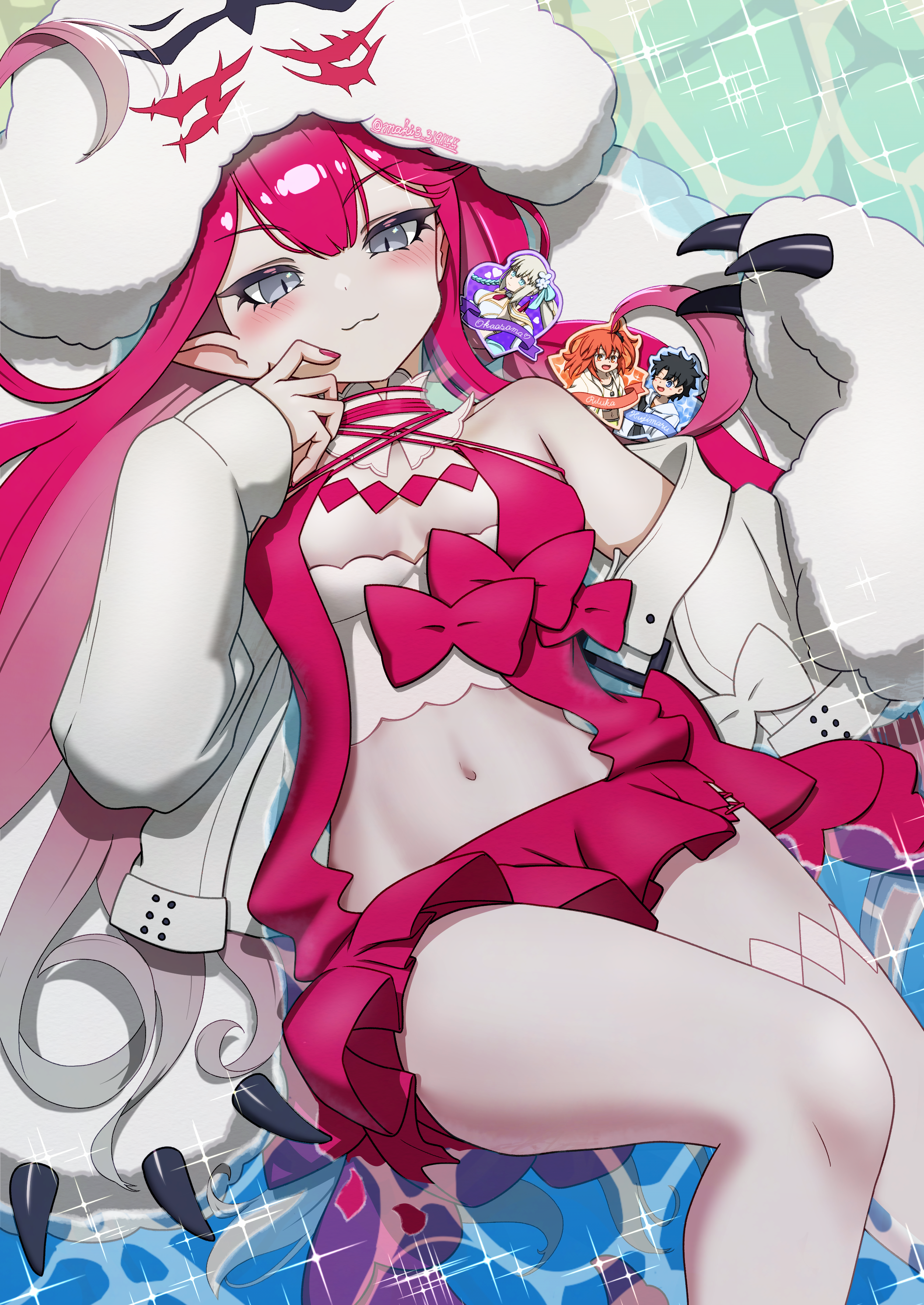 1girl :3 absurdres baobhan_sith_(fate) baobhan_sith_(swimsuit_pretender)_(fate) baobhan_sith_(swimsuit_pretender)_(first_ascension)_(fate) bare_shoulders blush breasts cernunnos_(fate) character_hood detached_collar fate/grand_order fate_(series) fujimaru_ritsuka_(female) fujimaru_ritsuka_(female)_(summer_street) fujimaru_ritsuka_(male) fujimaru_ritsuka_(male)_(summer_street) hand_up headwear_with_attached_mittens highres jacket long_hair looking_at_viewer maki319144 microskirt morgan_le_fay_(fate) morgan_le_fay_(water_princess)_(fate) navel pink_hair pink_nails pointy_ears red_skirt sidelocks skirt smug solo sticker thighs white_jacket