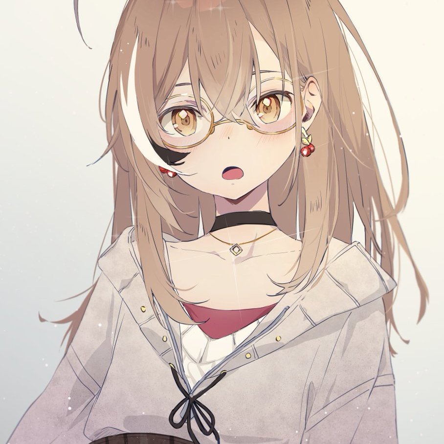 :o ahoge berry black_choker brown_eyes brown_hair brown_hoodie choker crossed_bangs deiji_bijutsu double-parted_bangs earrings food-themed_earrings glasses hair_between_eyes hololive hololive_english hood hoodie jewelry long_hair looking_at_viewer multicolored_hair nanashi_mumei nanashi_mumei_(casual) necklace official_alternate_costume open_mouth plaid red_shirt round_eyewear shirt streaked_hair sweater upper_body very_long_hair virtual_youtuber white_sweater