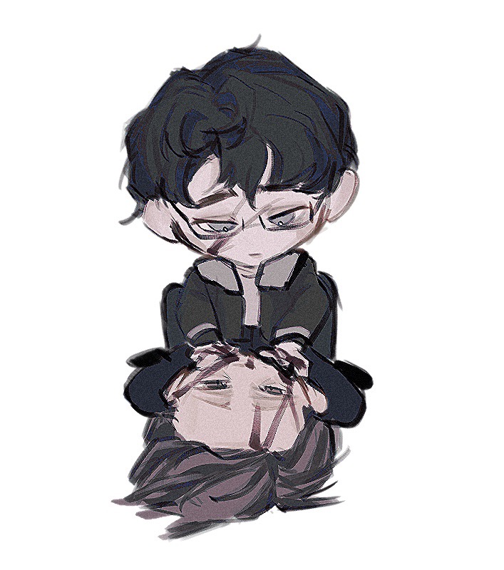 2boys animification black_footwear black_hair black_jacket blood blood_on_face blue_eyes blue_pants boy_on_top brown_hair chibi chinese_commentary commentary_request denim double-parted_bangs eye_contact face-to-face forehead fur-trimmed_jacket fur_trim glasses grey_eyes half-closed_eyes hannibal_(tv_series) hannibal_lecter haogou_bianshang_piao jacket jeans long_sleeves looking_at_another lying male_focus messy_hair multiple_boys on_back open_clothes open_jacket pants shirt shoes short_hair simple_background sitting sitting_on_person strangling thick_eyebrows white_background white_shirt will_graham wrinkled_skin