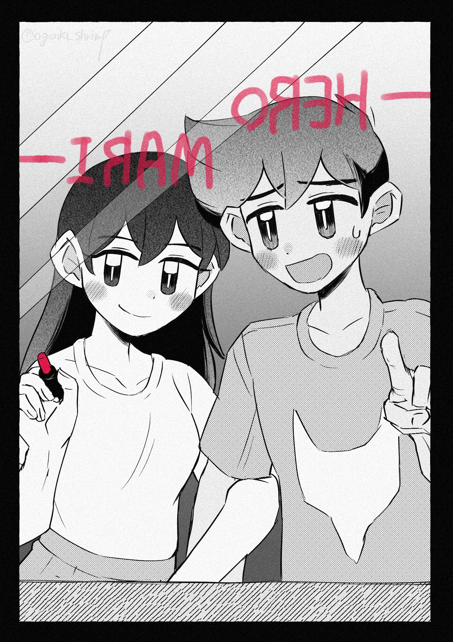 1boy 1girl blush closed_mouth greyscale hero_(faraway)_(omori) hero_(omori) highres holding holding_marker locked_arms long_hair looking_at_mirror mari_(faraway)_(omori) mari_(omori) marker mirror mirrored_text monochrome ogenki_shrimp omori open_mouth shirt short_hair short_sleeves smile spot_color sweatdrop t-shirt