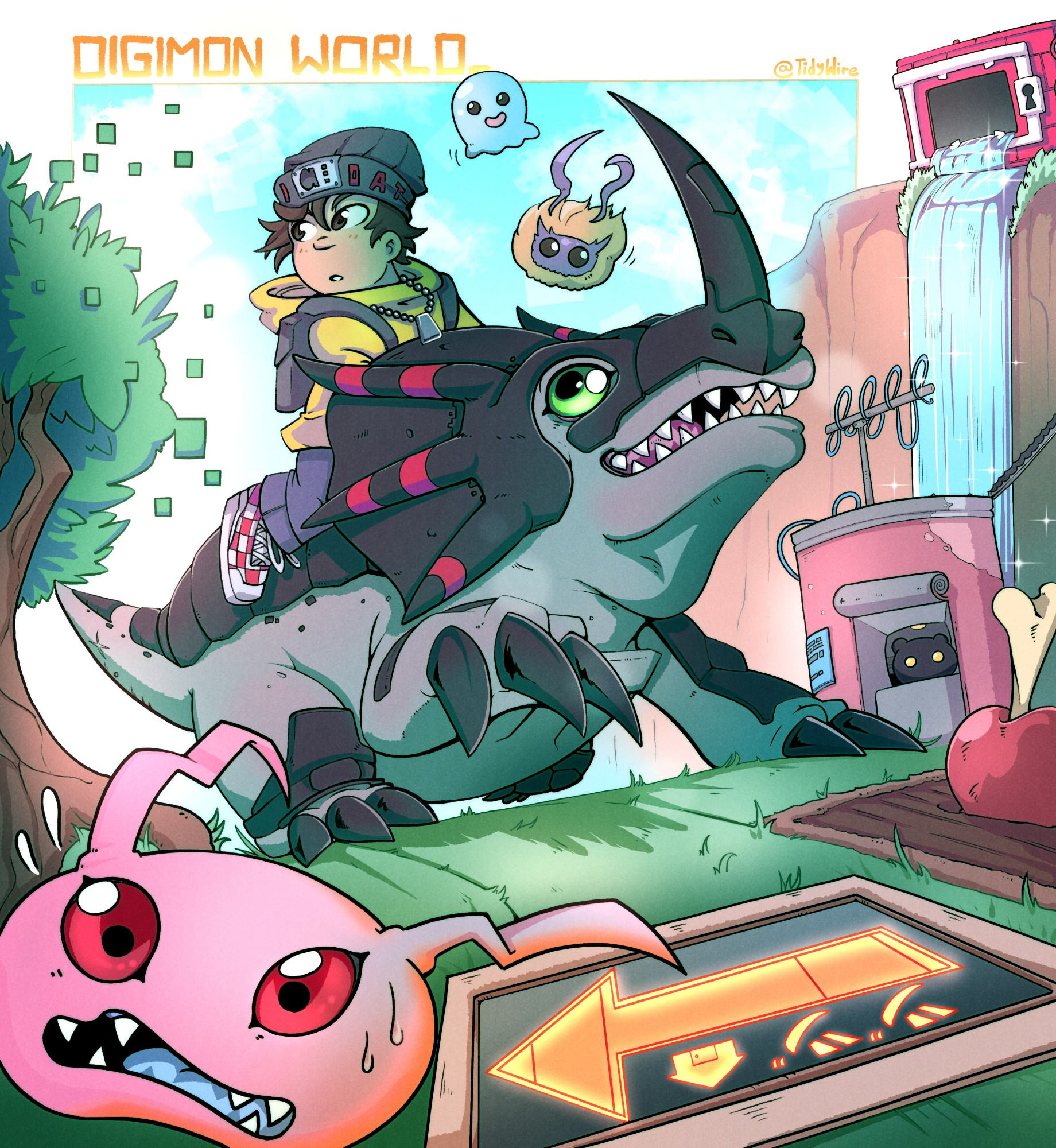 backpack bag botamon digimon digimon_(creature) green_eyes highres koromon mameo_(digimon) monochromon poyomon sharp_teeth teeth yuramon